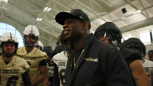 Deion Sanders on practice field at CU